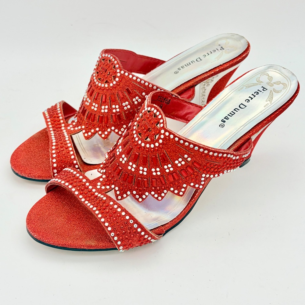Pierre Dumas Eva Red Beaded Rhinestone Heels Mules 9M Glam Party Club Evening